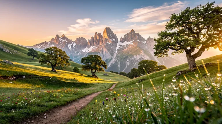 Paysage hyper-réaliste des Pyrénées au lever du jour pour Pyrenees Chrono, nature et montagne en 8K
