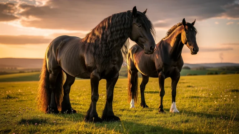 Deux chevaux noirs dans un champ, un frison distinct par sa crinière et ses plumets, lumière dorée réaliste