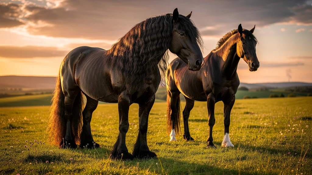Deux chevaux noirs dans un champ, un frison distinct par sa crinière et ses plumets, lumière dorée réaliste