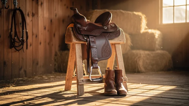 Selle de cheval en cuir détaillée sur support en bois dans une écurie éclairée naturellement