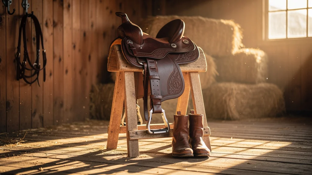 Selle de cheval en cuir détaillée sur support en bois dans une écurie éclairée naturellement
