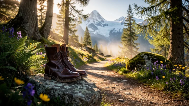 Bottes d'équitation élégantes sur un sentier montagneux savoyard au lever du soleil